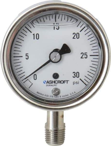 Ashcroft - 2-1/2" Dial, 1/4 Thread, 0-30 Scale Range, Pressure Gauge - Lower Connection Mount, Accurate to 1% of Scale - Industrial Tool & Supply