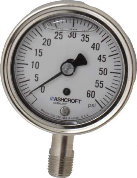 Ashcroft - 2-1/2" Dial, 1/4 Thread, 0-60 Scale Range, Pressure Gauge - Lower Connection Mount, Accurate to 1% of Scale - Industrial Tool & Supply