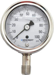 Ashcroft - 2-1/2" Dial, 1/4 Thread, 0-100 Scale Range, Pressure Gauge - Lower Connection Mount, Accurate to 1% of Scale - Industrial Tool & Supply