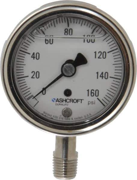 Ashcroft - 2-1/2" Dial, 1/4 Thread, 0-160 Scale Range, Pressure Gauge - Lower Connection Mount, Accurate to 1% of Scale - Industrial Tool & Supply