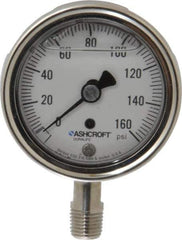 Ashcroft - 2-1/2" Dial, 1/4 Thread, 0-160 Scale Range, Pressure Gauge - Lower Connection Mount, Accurate to 1% of Scale - Industrial Tool & Supply