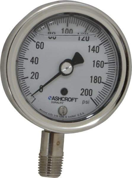 Ashcroft - 2-1/2" Dial, 1/4 Thread, 0-200 Scale Range, Pressure Gauge - Lower Connection Mount, Accurate to 1% of Scale - Industrial Tool & Supply
