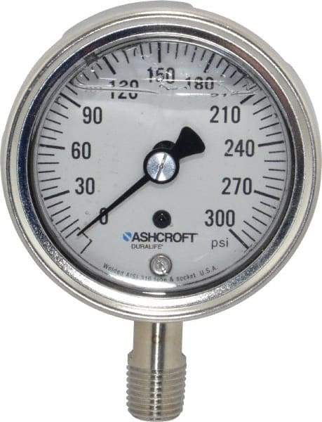 Ashcroft - 2-1/2" Dial, 1/4 Thread, 0-300 Scale Range, Pressure Gauge - Lower Connection Mount, Accurate to 1% of Scale - Industrial Tool & Supply