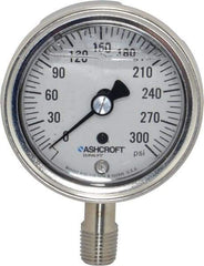 Ashcroft - 2-1/2" Dial, 1/4 Thread, 0-300 Scale Range, Pressure Gauge - Lower Connection Mount, Accurate to 1% of Scale - Industrial Tool & Supply