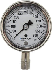Ashcroft - 2-1/2" Dial, 1/4 Thread, 0-600 Scale Range, Pressure Gauge - Lower Connection Mount, Accurate to 1% of Scale - Industrial Tool & Supply