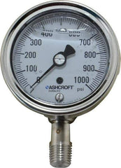 Ashcroft - 2-1/2" Dial, 1/4 Thread, 0-1,000 Scale Range, Pressure Gauge - Lower Connection Mount, Accurate to 1% of Scale - Industrial Tool & Supply
