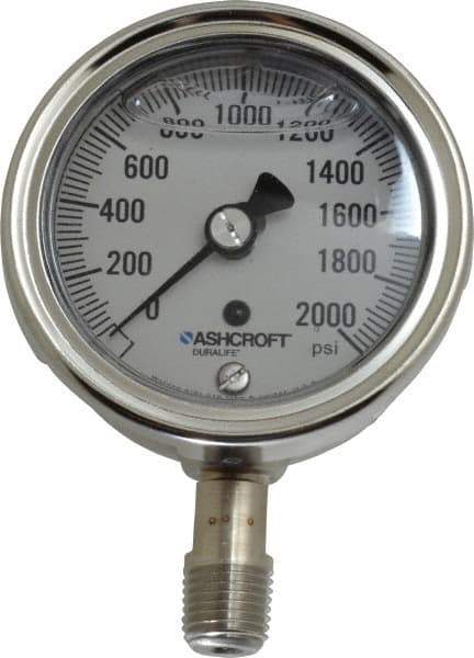 Ashcroft - 2-1/2" Dial, 1/4 Thread, 0-2,000 Scale Range, Pressure Gauge - Lower Connection Mount, Accurate to 1% of Scale - Industrial Tool & Supply