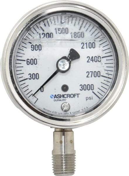 Ashcroft - 2-1/2" Dial, 1/4 Thread, 0-3,000 Scale Range, Pressure Gauge - Lower Connection Mount, Accurate to 1% of Scale - Industrial Tool & Supply