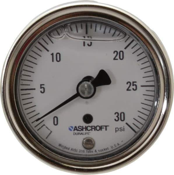 Ashcroft - 2-1/2" Dial, 1/4 Thread, 0-30 Scale Range, Pressure Gauge - Center Back Connection Mount, Accurate to 1% of Scale - Industrial Tool & Supply