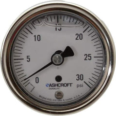 Ashcroft - 2-1/2" Dial, 1/4 Thread, 0-30 Scale Range, Pressure Gauge - Center Back Connection Mount, Accurate to 1% of Scale - Industrial Tool & Supply
