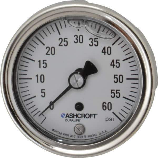 Ashcroft - 2-1/2" Dial, 1/4 Thread, 0-60 Scale Range, Pressure Gauge - Center Back Connection Mount, Accurate to 1% of Scale - Industrial Tool & Supply