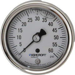 Ashcroft - 2-1/2" Dial, 1/4 Thread, 0-60 Scale Range, Pressure Gauge - Center Back Connection Mount, Accurate to 1% of Scale - Industrial Tool & Supply