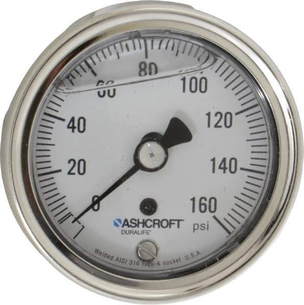 Ashcroft - 2-1/2" Dial, 1/4 Thread, 0-160 Scale Range, Pressure Gauge - Center Back Connection Mount, Accurate to 1% of Scale - Industrial Tool & Supply