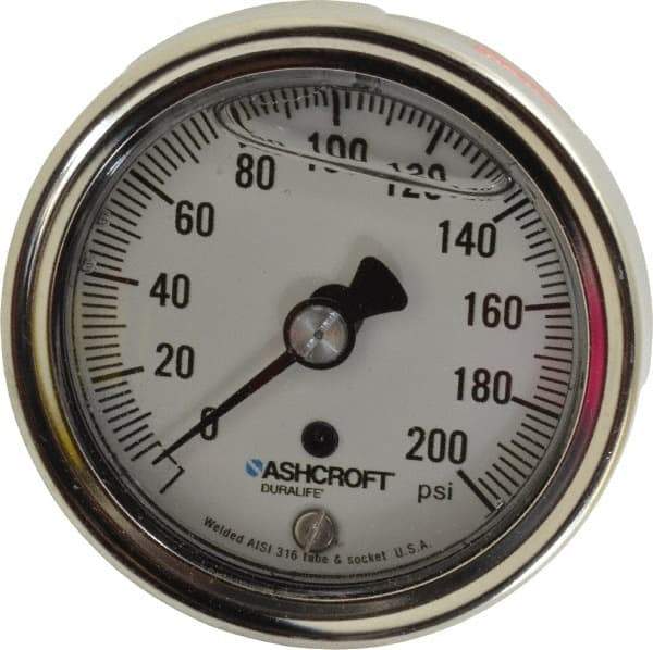 Ashcroft - 2-1/2" Dial, 1/4 Thread, 0-200 Scale Range, Pressure Gauge - Center Back Connection Mount, Accurate to 1% of Scale - Industrial Tool & Supply