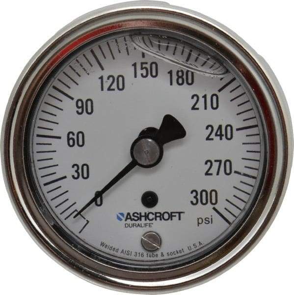 Ashcroft - 2-1/2" Dial, 1/4 Thread, 0-300 Scale Range, Pressure Gauge - Center Back Connection Mount, Accurate to 1% of Scale - Industrial Tool & Supply