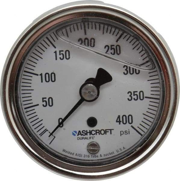 Ashcroft - 2-1/2" Dial, 1/4 Thread, 0-400 Scale Range, Pressure Gauge - Center Back Connection Mount, Accurate to 1% of Scale - Industrial Tool & Supply