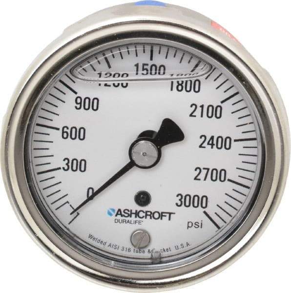 Ashcroft - 2-1/2" Dial, 1/4 Thread, 0-3,000 Scale Range, Pressure Gauge - Center Back Connection Mount, Accurate to 1% of Scale - Industrial Tool & Supply