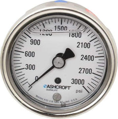 Ashcroft - 2-1/2" Dial, 1/4 Thread, 0-3,000 Scale Range, Pressure Gauge - Center Back Connection Mount, Accurate to 1% of Scale - Industrial Tool & Supply