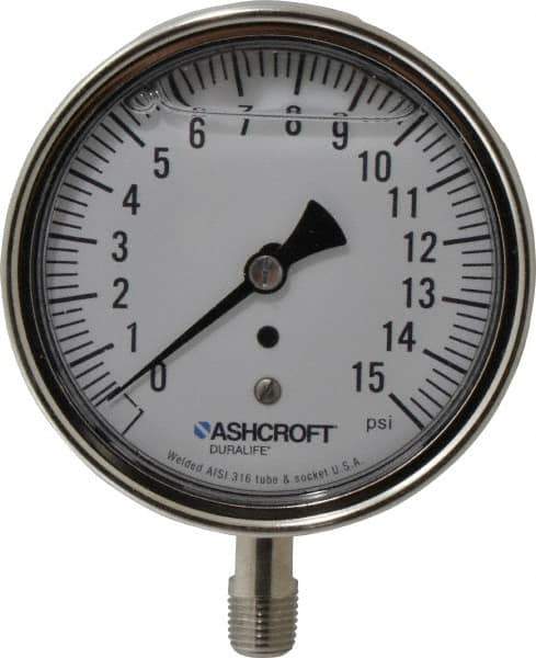 Ashcroft - 3-1/2" Dial, 1/4 Thread, 0-15 Scale Range, Pressure Gauge - Lower Connection Mount, Accurate to 1% of Scale - Industrial Tool & Supply