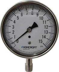 Ashcroft - 3-1/2" Dial, 1/4 Thread, 0-15 Scale Range, Pressure Gauge - Lower Connection Mount, Accurate to 1% of Scale - Industrial Tool & Supply