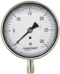 Ashcroft - 3-1/2" Dial, 1/4 Thread, 0-30 Scale Range, Pressure Gauge - Lower Connection Mount, Accurate to 1% of Scale - Industrial Tool & Supply