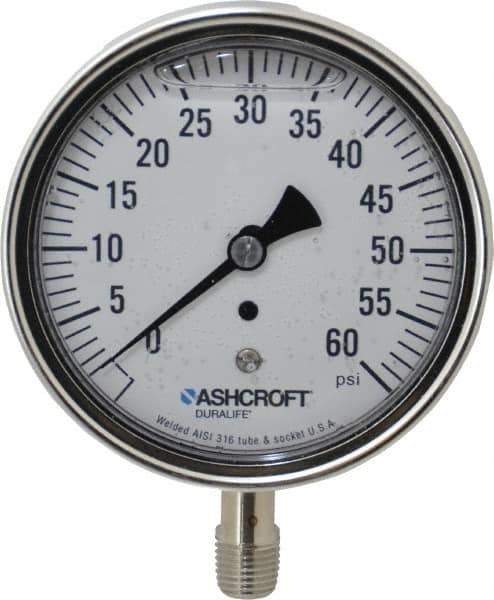 Ashcroft - 3-1/2" Dial, 1/4 Thread, 0-60 Scale Range, Pressure Gauge - Lower Connection Mount, Accurate to 1% of Scale - Industrial Tool & Supply