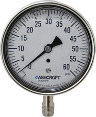 Ashcroft - 3-1/2" Dial, 1/4 Thread, 0-60 Scale Range, Pressure Gauge - Lower Connection Mount, Accurate to 1% of Scale - Industrial Tool & Supply