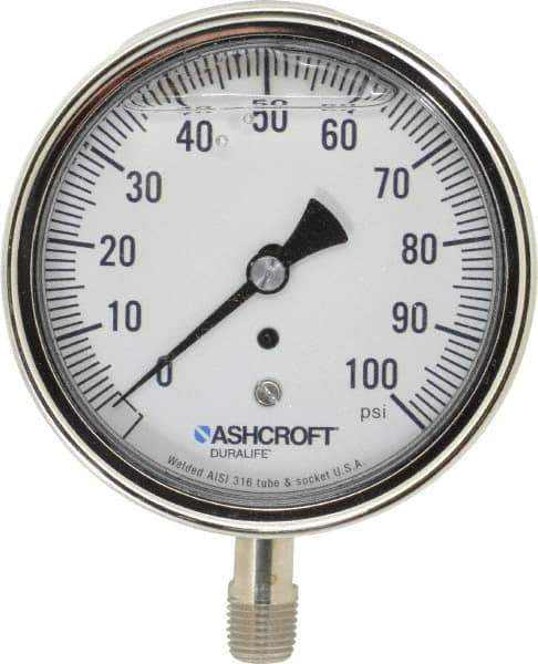 Ashcroft - 3-1/2" Dial, 1/4 Thread, 0-100 Scale Range, Pressure Gauge - Lower Connection Mount, Accurate to 1% of Scale - Industrial Tool & Supply