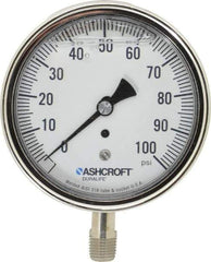 Ashcroft - 3-1/2" Dial, 1/4 Thread, 0-100 Scale Range, Pressure Gauge - Lower Connection Mount, Accurate to 1% of Scale - Industrial Tool & Supply