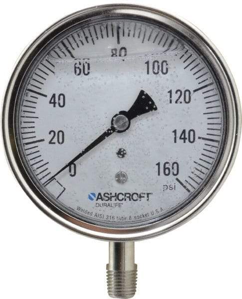 Ashcroft - 3-1/2" Dial, 1/4 Thread, 0-160 Scale Range, Pressure Gauge - Lower Connection Mount, Accurate to 1% of Scale - Industrial Tool & Supply