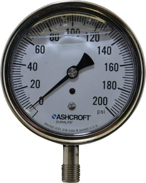 Ashcroft - 3-1/2" Dial, 1/4 Thread, 0-200 Scale Range, Pressure Gauge - Lower Connection Mount, Accurate to 1% of Scale - Industrial Tool & Supply
