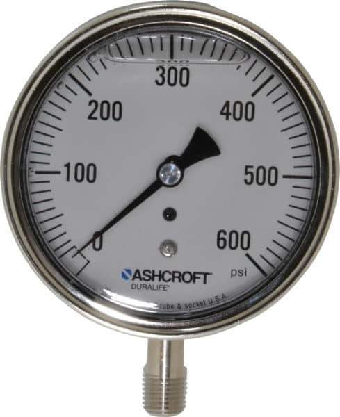 Ashcroft - 3-1/2" Dial, 1/4 Thread, 0-600 Scale Range, Pressure Gauge - Lower Connection Mount, Accurate to 1% of Scale - Industrial Tool & Supply