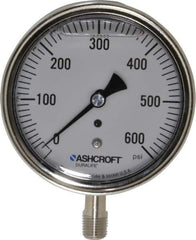 Ashcroft - 3-1/2" Dial, 1/4 Thread, 0-600 Scale Range, Pressure Gauge - Lower Connection Mount, Accurate to 1% of Scale - Industrial Tool & Supply