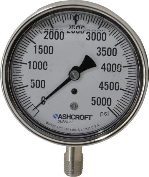 Ashcroft - 3-1/2" Dial, 1/4 Thread, 0-5,000 Scale Range, Pressure Gauge - Lower Connection Mount, Accurate to 1% of Scale - Industrial Tool & Supply