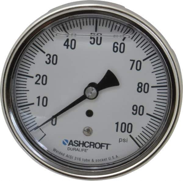 Ashcroft - 3-1/2" Dial, 1/4 Thread, 0-100 Scale Range, Pressure Gauge - Center Back Connection Mount, Accurate to 1% of Scale - Industrial Tool & Supply