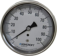 Ashcroft - 3-1/2" Dial, 1/4 Thread, 0-100 Scale Range, Pressure Gauge - Center Back Connection Mount, Accurate to 1% of Scale - Industrial Tool & Supply