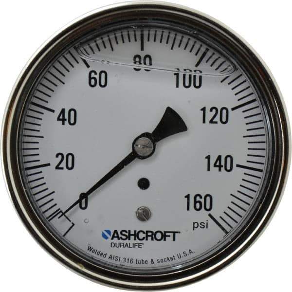 Ashcroft - 3-1/2" Dial, 1/4 Thread, 0-160 Scale Range, Pressure Gauge - Center Back Connection Mount, Accurate to 1% of Scale - Industrial Tool & Supply