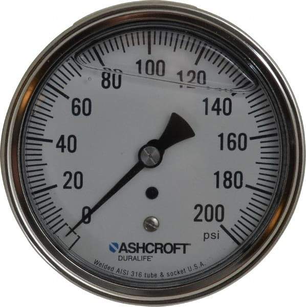 Ashcroft - 3-1/2" Dial, 1/4 Thread, 0-200 Scale Range, Pressure Gauge - Center Back Connection Mount, Accurate to 1% of Scale - Industrial Tool & Supply