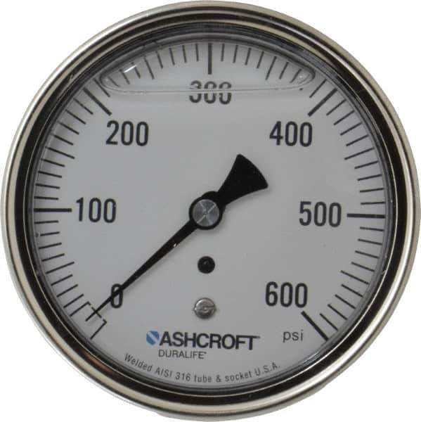 Ashcroft - 3-1/2" Dial, 1/4 Thread, 0-600 Scale Range, Pressure Gauge - Center Back Connection Mount, Accurate to 1% of Scale - Industrial Tool & Supply