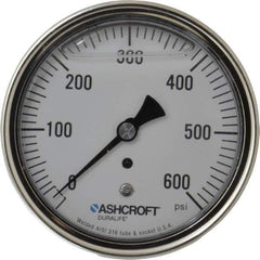 Ashcroft - 3-1/2" Dial, 1/4 Thread, 0-600 Scale Range, Pressure Gauge - Center Back Connection Mount, Accurate to 1% of Scale - Industrial Tool & Supply