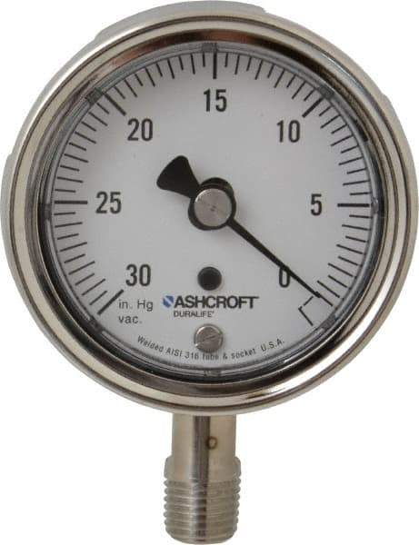 Ashcroft - 2-1/2" Dial, 1/4 Thread, 30-0 Scale Range, Pressure Gauge - Lower Connection Mount, Accurate to 1% of Scale - Industrial Tool & Supply