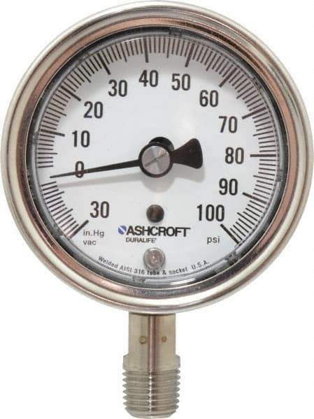 Ashcroft - 2-1/2" Dial, 1/4 Thread, 30-0-100 Scale Range, Pressure Gauge - Lower Connection Mount, Accurate to 1% of Scale - Industrial Tool & Supply
