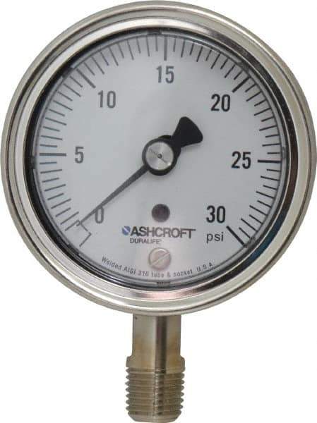 Ashcroft - 2-1/2" Dial, 1/4 Thread, 0-30 Scale Range, Pressure Gauge - Lower Connection Mount, Accurate to 1% of Scale - Industrial Tool & Supply