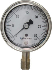 Ashcroft - 2-1/2" Dial, 1/4 Thread, 0-30 Scale Range, Pressure Gauge - Lower Connection Mount, Accurate to 1% of Scale - Industrial Tool & Supply