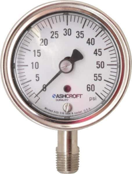 Ashcroft - 2-1/2" Dial, 1/4 Thread, 0-60 Scale Range, Pressure Gauge - Lower Connection Mount, Accurate to 1% of Scale - Industrial Tool & Supply