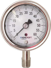 Ashcroft - 2-1/2" Dial, 1/4 Thread, 0-60 Scale Range, Pressure Gauge - Lower Connection Mount, Accurate to 1% of Scale - Industrial Tool & Supply
