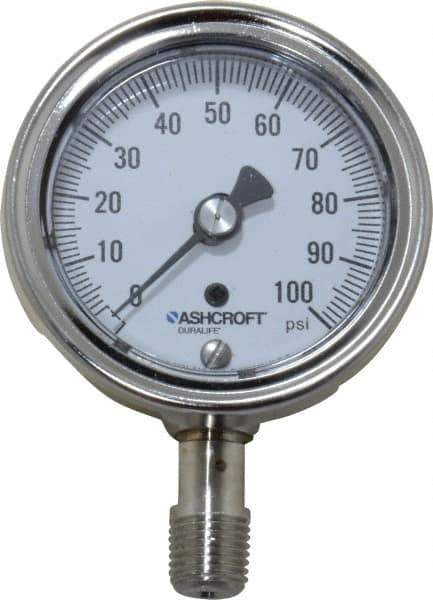Ashcroft - 2-1/2" Dial, 1/4 Thread, 0-100 Scale Range, Pressure Gauge - Lower Connection Mount, Accurate to 1% of Scale - Industrial Tool & Supply