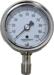 Ashcroft - 2-1/2" Dial, 1/4 Thread, 0-100 Scale Range, Pressure Gauge - Lower Connection Mount, Accurate to 1% of Scale - Industrial Tool & Supply