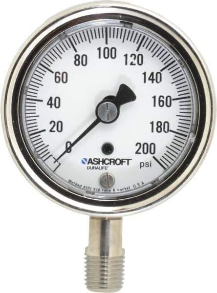 Ashcroft - 2-1/2" Dial, 1/4 Thread, 0-200 Scale Range, Pressure Gauge - Lower Connection Mount, Accurate to 1% of Scale - Industrial Tool & Supply