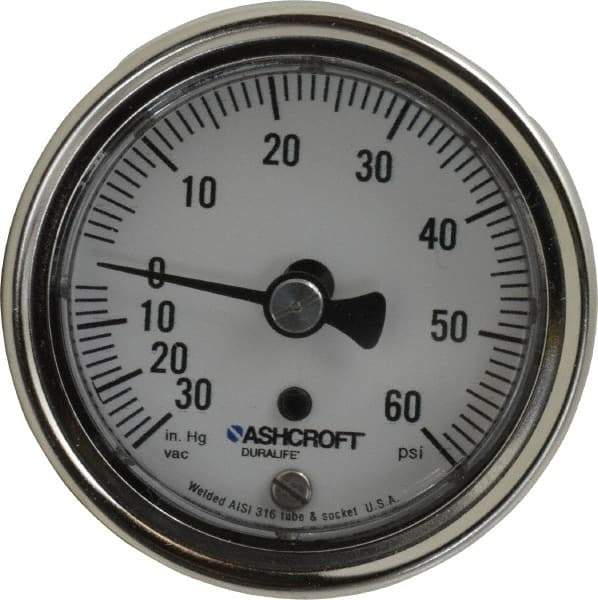 Ashcroft - 2-1/2" Dial, 1/4 Thread, 30-0-60 Scale Range, Pressure Gauge - Center Back Connection Mount, Accurate to 1% of Scale - Industrial Tool & Supply